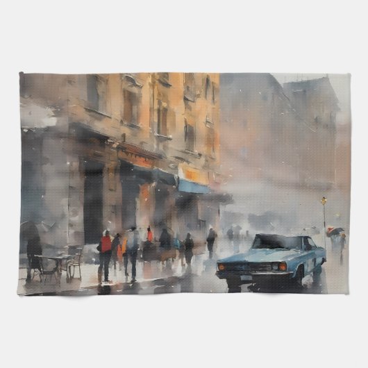  Blue Car in Foggy Cityscape Theedoek (Horizontaal)