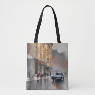 Blue Car in Foggy Cityscape Tote Bag