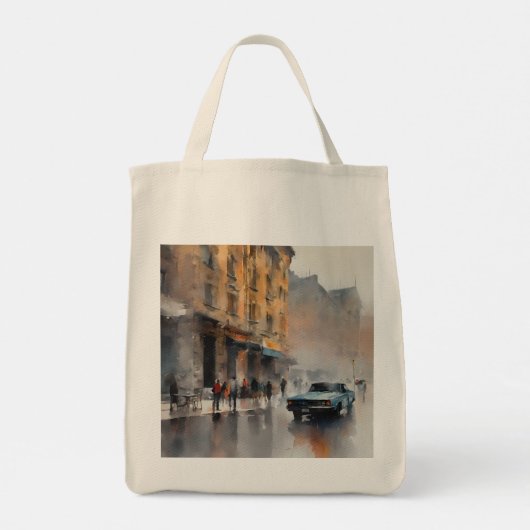  Blue Car in Foggy Cityscape Tote Bag (Achterkant)