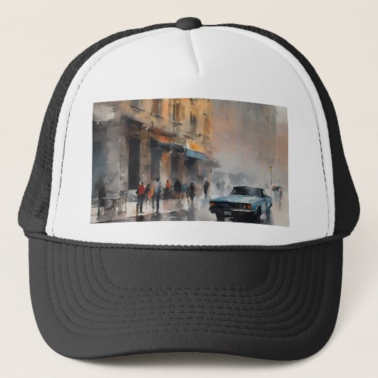 Blue Car in Foggy Cityscape Trucker Pet (Voorkant)