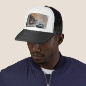 Blue Car in Foggy Cityscape Trucker Pet (In situ)