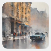 Blue Car in Foggy Cityscape Vierkante Sticker (Voorkant)