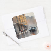 Blue Car in Foggy Cityscape Vierkante Sticker (Envelop)