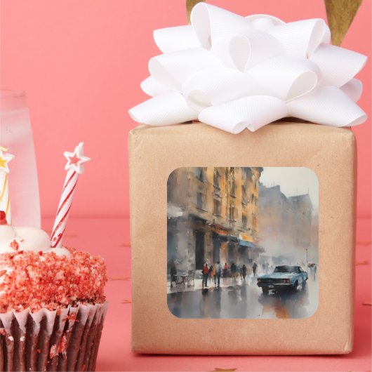 Blue Car in Foggy Cityscape Vierkante Sticker (Feest)