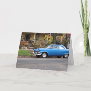 Blue Car in Small Town Birthday Card,  Kaart