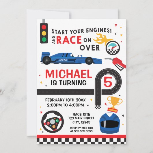Blue Car Racing  Birthday kid Invitation Kaart (Voorkant)