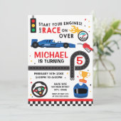 Blue Car Racing  Birthday kid Invitation Kaart (Staand voorkant)