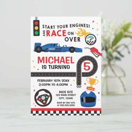 Blue Car Racing  Birthday kid Invitation Kaart (Staand voorkant)