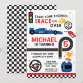 Blue Car Racing  Birthday kid Invitation Kaart (Voorkant / Achterkant)