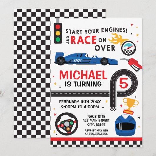 Blue Car Racing  Birthday kid Invitation Kaart (Voorkant / Achterkant)