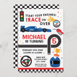 Blue Car Racing  Birthday kid Invitation Kaart