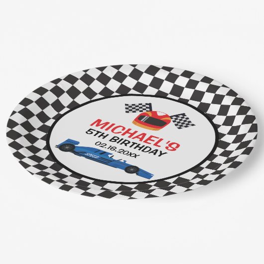 Blue Car Racing Birthday Papieren Bordje (Gekanteld)