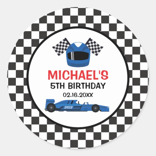 Blue Car Racing Birthday Ronde Sticker (Voorkant)