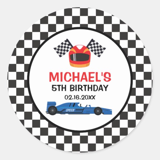 Blue Car Racing Birthday Ronde Sticker (Voorkant)