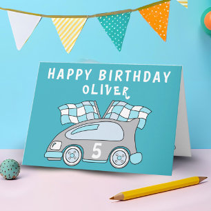 Blue Car Racing Flag Boy Birthday Card Kaart