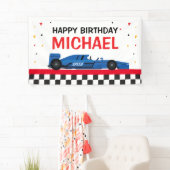 Blue Car racing Happy Birthday backdrop Spandoek (Insitu)