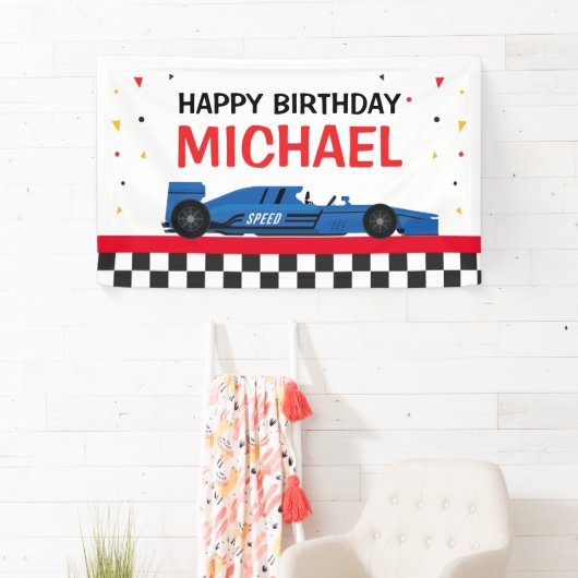 Blue Car racing Happy Birthday backdrop Spandoek (Insitu)