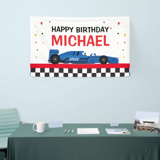 Blue Car racing Happy Birthday backdrop Spandoek (Beurs)