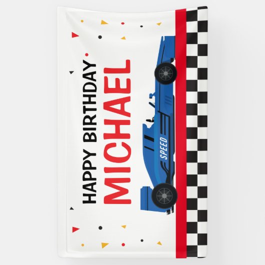Blue Car racing Happy Birthday backdrop Spandoek (Verticaal)