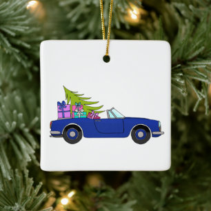Blue Car with Christmas Gifts Keramisch Ornament