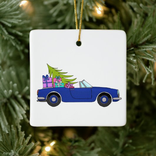 Blue Car with Christmas Gifts Keramisch Ornament (Boom)