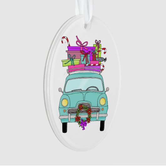 Blue Car with Christmas Gifts Ornament (voorkant)