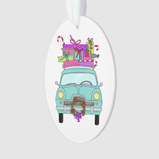 Blue Car with Christmas Gifts Ornament (voorkant)