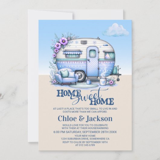 Blue Caravan Funny Housewarming Party Kaart (Voorkant)