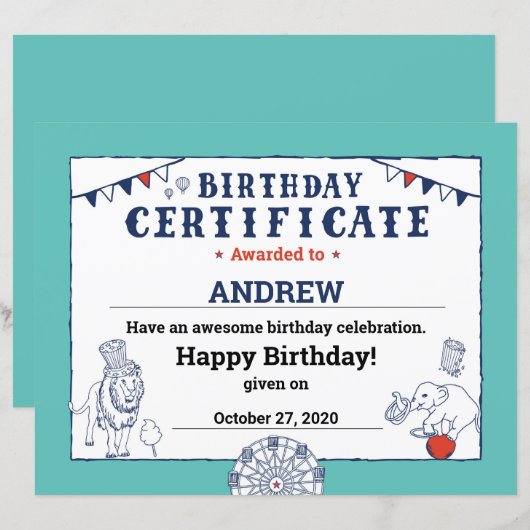 Blue Carnival Circus Baby Birthday Certificate (Voorkant / Achterkant)