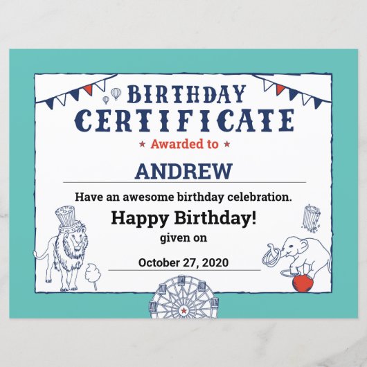 Blue Carnival Circus Baby Birthday Certificate (Voorkant)
