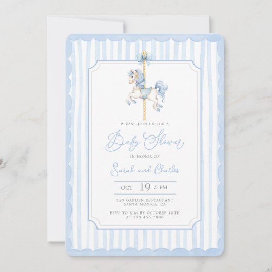 Blue Carousel Baby Boy Douche Uitnodiging (Voorkant)