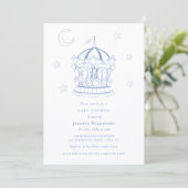 Blue Carousel Moon Stars Baby Shower Invitation Kaart (Staand voorkant)