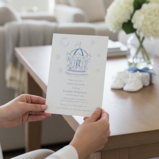 Blue Carousel Moon Stars Baby Shower Invitation Kaart