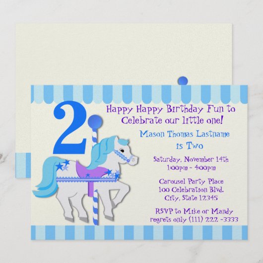Blue Carousel Pony 2e verjaardagsfeest Kaart (Voorkant / Achterkant)