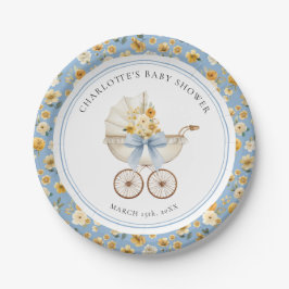 Blue Carriage Floral Baby Shower Plate Papieren Bordje