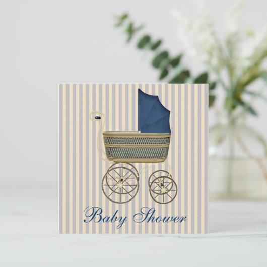  Blue Carriage Pram  Baby Boy Shower Kaart (Staand voorkant)