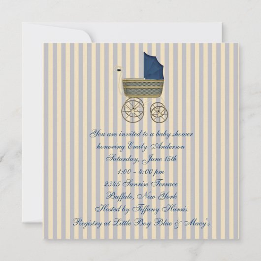  Blue Carriage Pram  Baby Boy Shower Kaart (Achterkant)