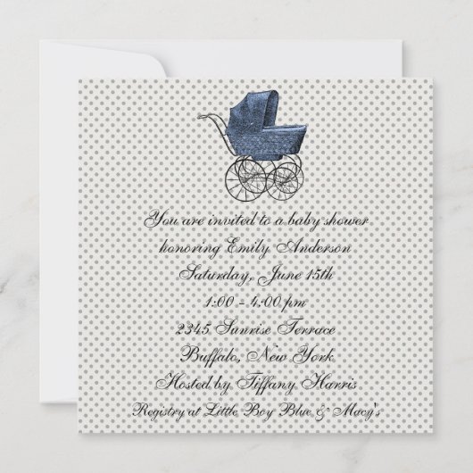 Blue Carriage Pram Baby Boy Shower Kaart (Achterkant)
