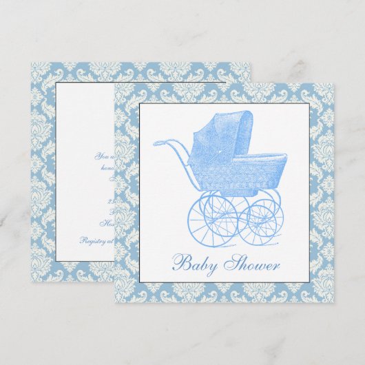 Blue Carriage Pram Baby Boy Shower Kaart (Voorkant / Achterkant)