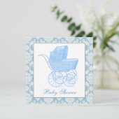 Blue Carriage Pram Baby Boy Shower Kaart (Staand voorkant)
