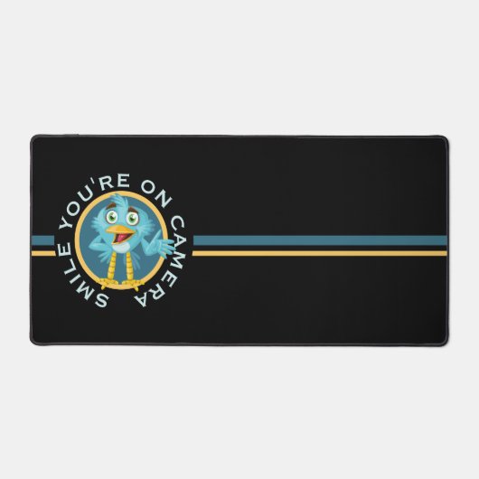 Blue Cartoon Bird LACH JE BENT OP CAMERA Bureaumat (Voorkant)