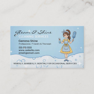 Blue Cartoon Cleaning Lady House Cleaner Service Visitekaartje