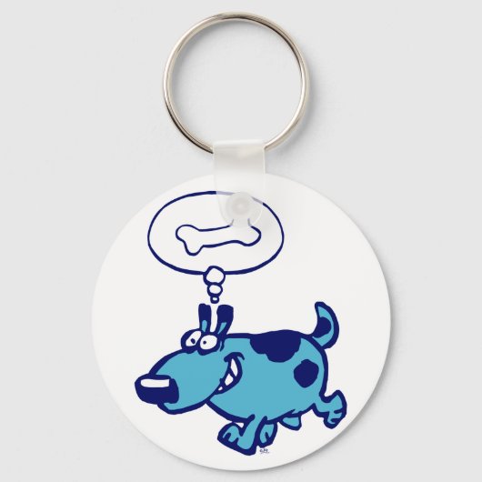 Blue Cartoon Dog die aan botSleutelhanger denkt Sleutelhanger (Voorkant)