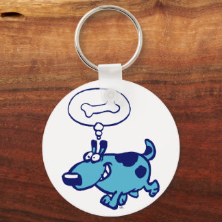Blue Cartoon Dog die aan botSleutelhanger denkt Sleutelhanger