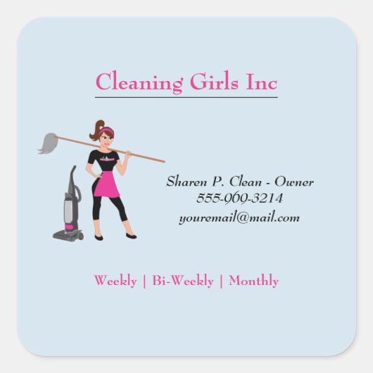 Blue Cartoon Girl met Mop House Cleaning Service Vierkante Sticker (Voorkant)