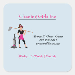 Blue Cartoon Girl met Mop House Cleaning Service Vierkante Sticker