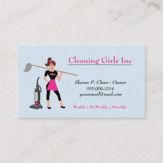 Blue Cartoon Girl met Mop House Cleaning Service Visitekaartje (Voorkant)