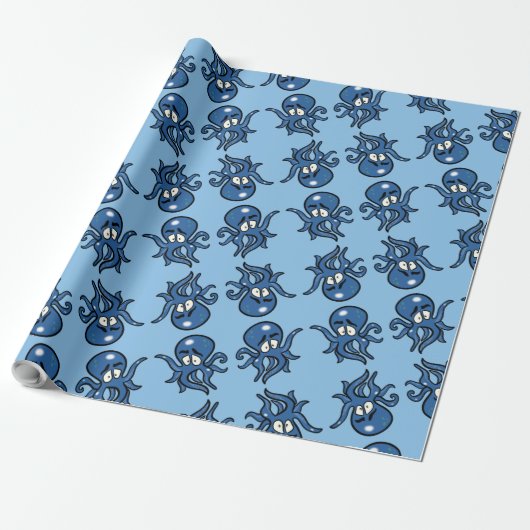 Blue Cartoon Octopus Wrapping Paper Cadeaupapier (Uitgerold)