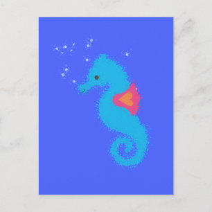 Blue Cartoon Seahorse Briefkaart
