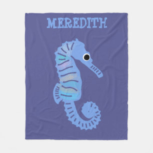 Blue Cartoon Seahorse Cute Personalized Fleece Deken